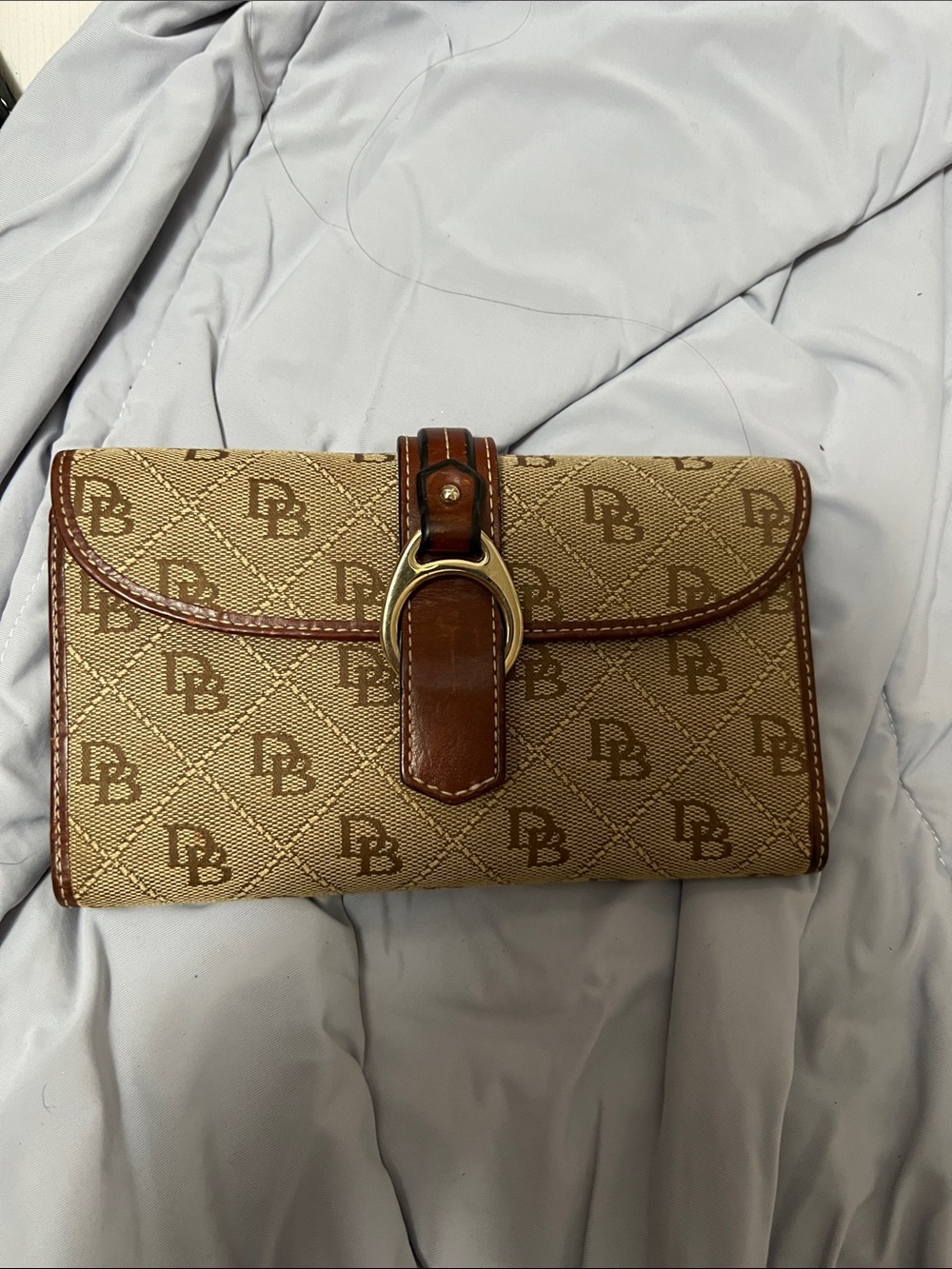Brown Monogram Canvas Clutch with Leather Trim dooney & bourke